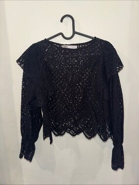 Zara Black Crochet Ruffle-Sleeve Blouse